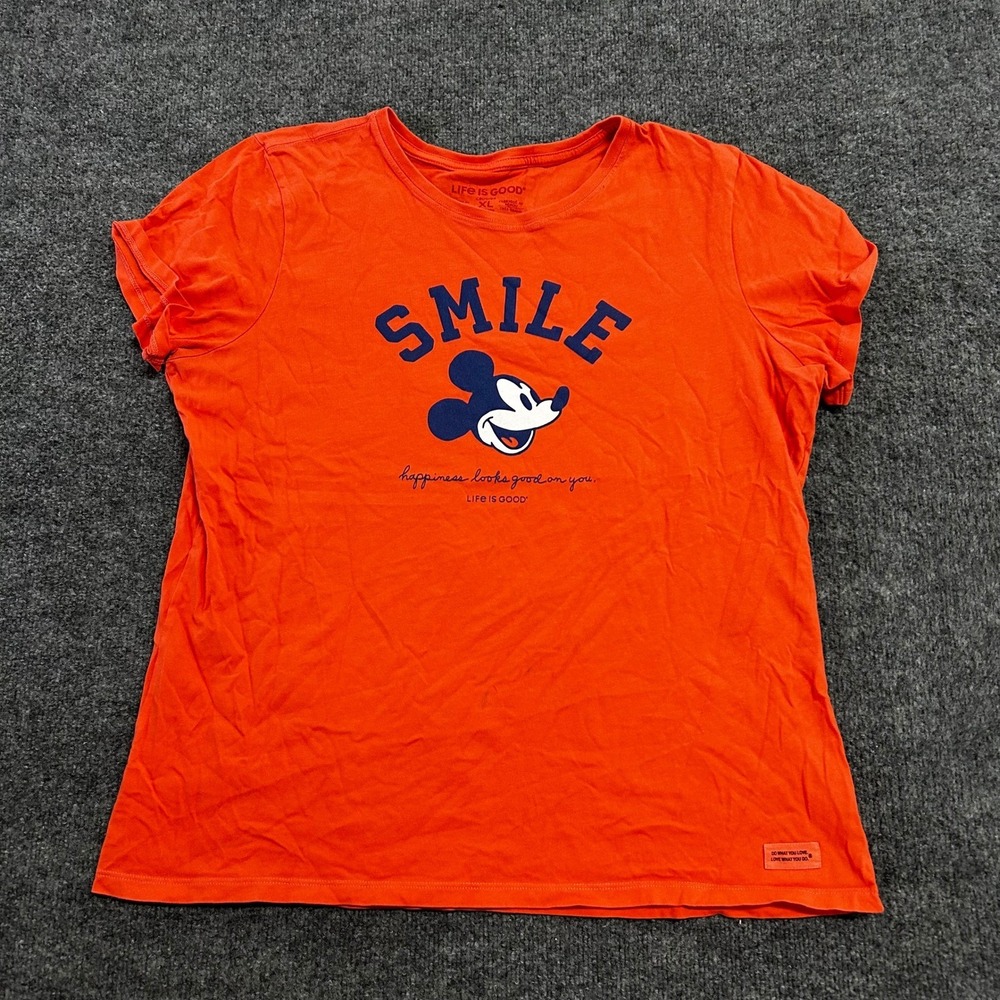 Life is Good T-Shirt Womens XL Orange Mickey Mouse Smile Crusher Graphic Tee - Picture 1 of 7